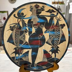 Vintage Chinese Hand Carved / Painted/ Signed Wood Fish Plate 