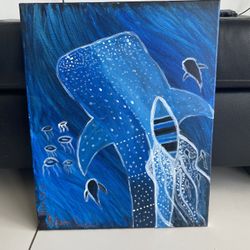 20”x16” Moby Dick Inspired Local Canvas Painting Whale Fish Water Boat Blue Jellyfish