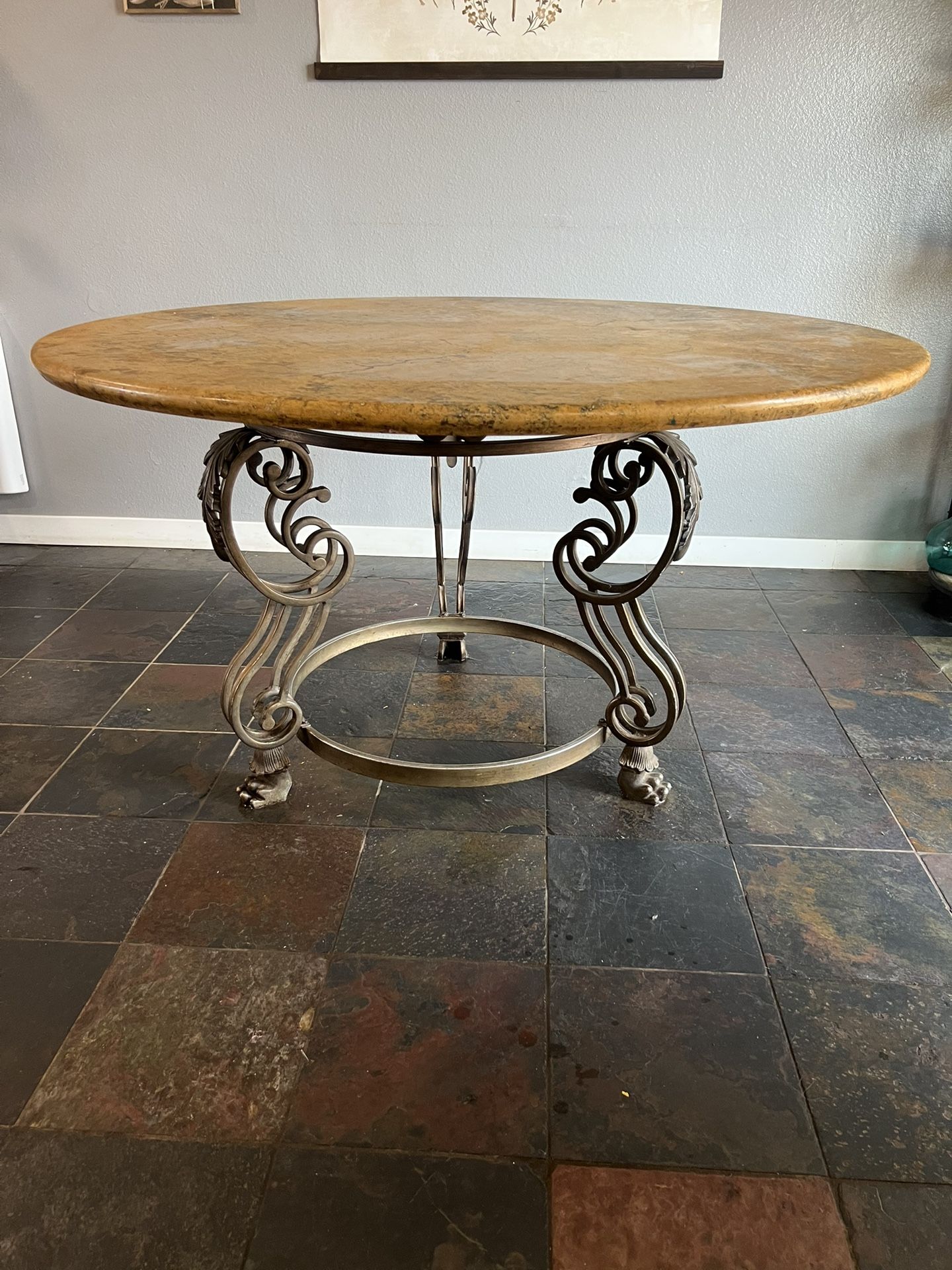 53” Round Yellow Gold Travertine Stone Dining Table