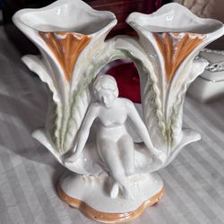 Art Nouveau Porcelain Double Candle Holder Nude Man Seated