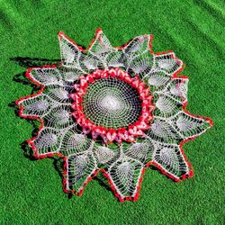 Vintage MCM Hand Crocheted Large 27" Red/White Flower Starfish Doily Decor EUC