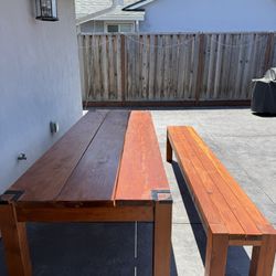 Custom made redwood Outdoor Dining/Patio Table And Bench