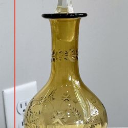 Vintage Amber Etched Glass Perfume Bottle with Clear Cut Glass Stopper
