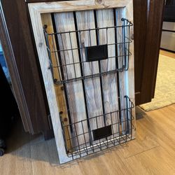 Rustic Wood Wall Organizer with Metal Baskets