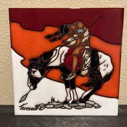 Vintage 1985 CLEO TEISSEDRE Tile Indian Horse "End of the Trail" Native Art