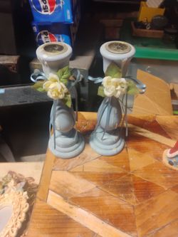 light blue, hand-painted wooden candle holders