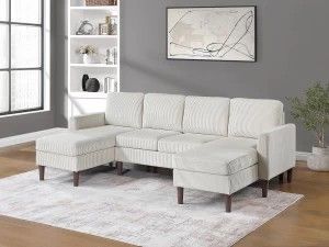 New! Beige Corduroy 3PC Double Chaise Sectional