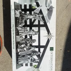 9 Piece Antique Nativity Set With Wood Creche 