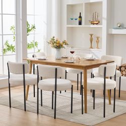 Dining Chairs Set of 6, White Boucle Dining Chair, Curved Backrest Upholstered Dining Room Chairs with Black Metal Legs, Mid Century Modern Dining Cha