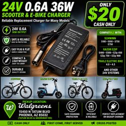 24V 6 AMP Scooter & E-Bike Charger – Compatible With Schwinn, Razor EZip & Trailz Models – $20