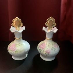 Vintage Porcelain Hand Pained Pastel Perfume Bottles  w/Gilded Gold Stopper 
