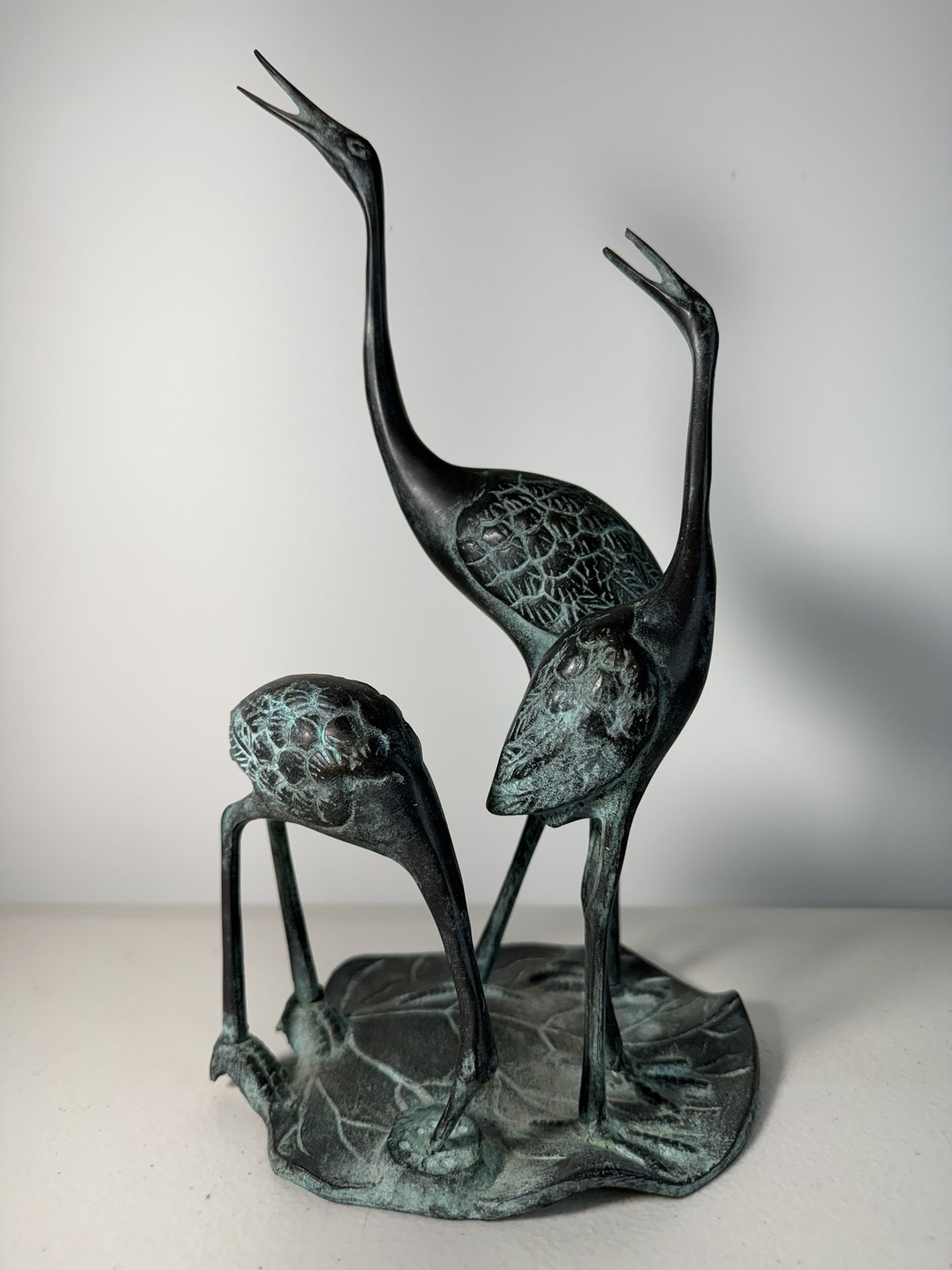 Vintage Chinese Bronze Cranes Statue 11”
