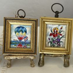 Vintage lot of four artist hand, painted collectibles, rare, miniature framed art artwork on brass, dance, collectible, wall hanging t, collection art