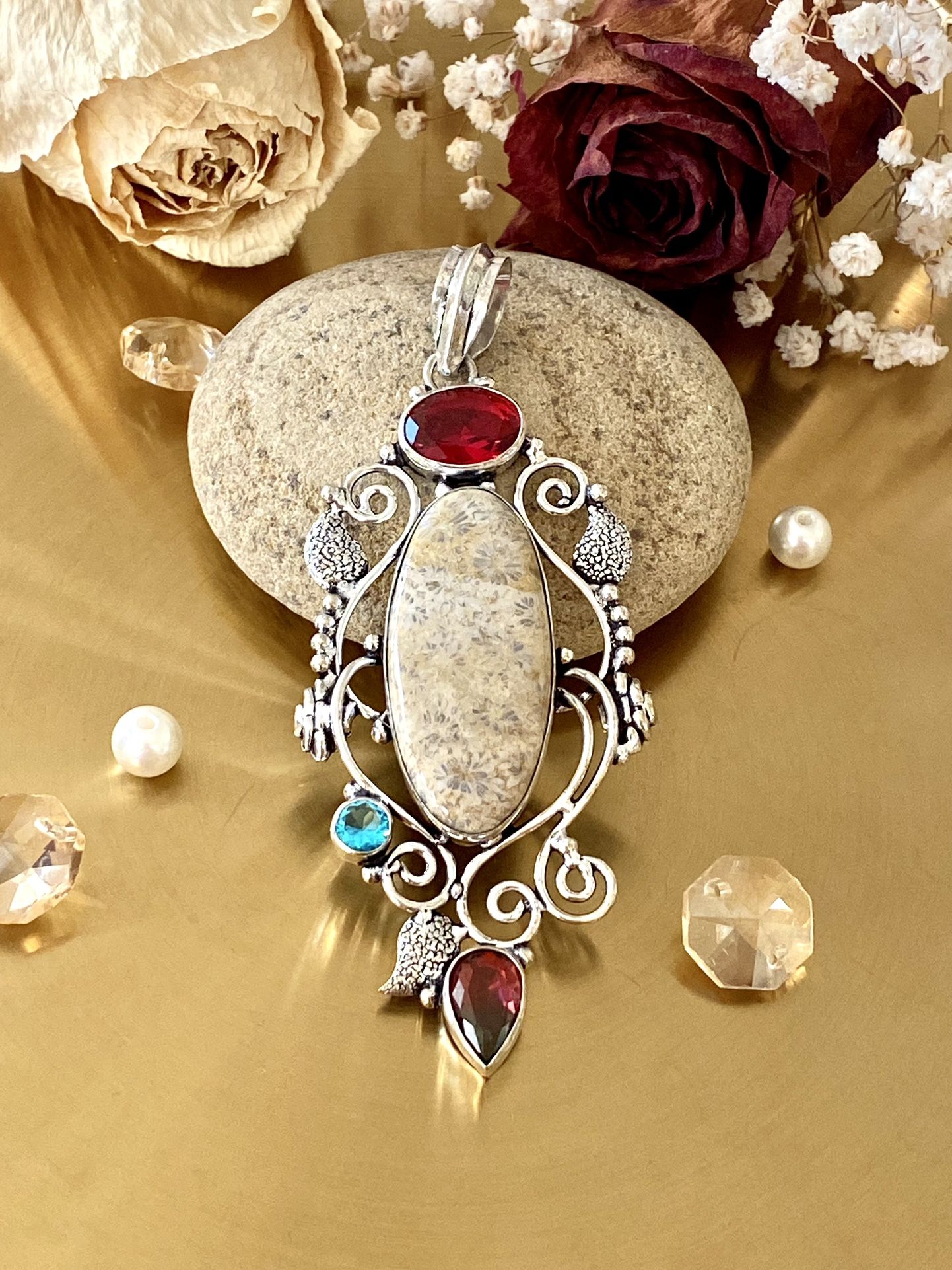 Fossil Coral, Garnet, Bicolor Tourmaline And Blue Topaz 925 Sterling Silver Overlay Pendant