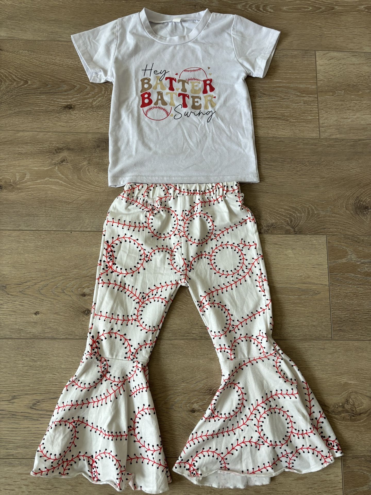 Baseball Outfit Hey Batter Batter Swing Girls SZ 4-5T Bell Bottom Pants Shirt
