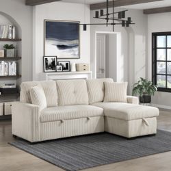 Reversible Sectional With Chaise / Beige Corduroy Sleeper Sofa/ Gray Corduroy Sleeper Sofa