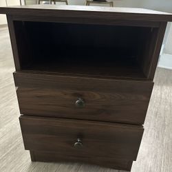 Walnut Nightstand With Storage Drawers And Open Shelf