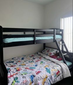 Twin-over-Full Bunk Bed Frame with Mattresses (Black/Dark Brown Wood)