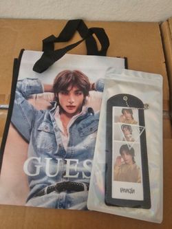 Stray kids guess hyunjin colab small shopper tote with polaroid pc keychain