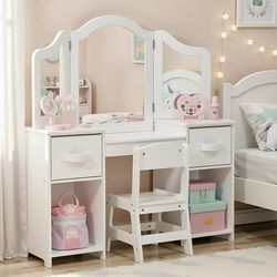 Kids Vanity Set, 2 in 1 Toddler Makeup Dressing Table and Chair Set w/Detachable Tri-fold Mirror, Open Shelves, Princess Wooden Pretend Play Desk Furn