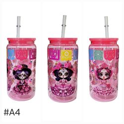 Catrina Sugar Skull Colorful Floral Acrylic Plastic Tumbler Cup 16oz Pink