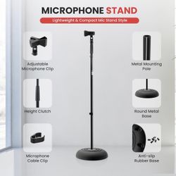 NEW! Pyle Adjustable Microphone Stand - Universal Mic Stand with Compact Heavy Base, Floor Standing Design, Height Adjustable, Pivot Angle Clip for Si