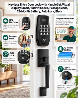 Keyless Entry Door Lock with Handle Set, Visual Display
Smart 12-Month Battery, Auto Lock, Black