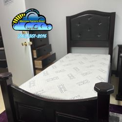 Complete Twin Bed Frame Cherry And Mattress Set Cama Completa 