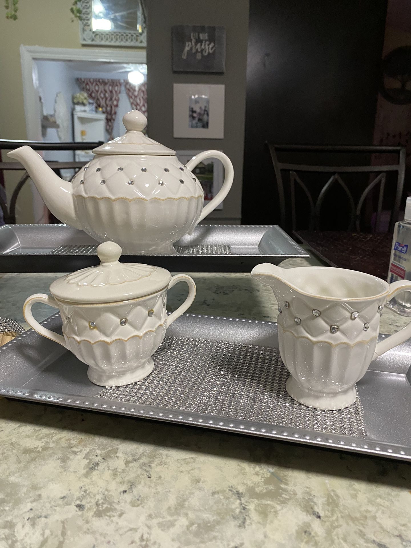 Ceramic Teapot /Sugar N Creamer with Rhinestones 