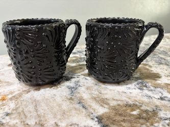 Black Talavera Coffee Cups Set of 2 Mexican Ceramic Barware  Mexican Art