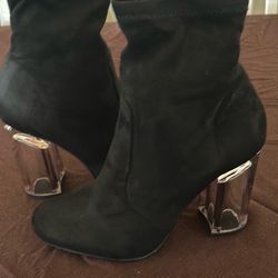 Black bow suede ankle boots with clear acrylic heel