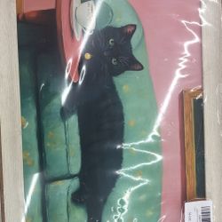 New cat with coffee framed wall art