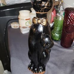 Large Vintage Ceramic Black Gold Cat Decanter & Stopper Red Ware Japan MCM