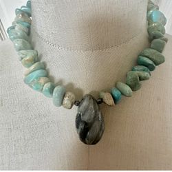 Sterling Silver Toggle Necklace w/ Turquoise Nugget Beads + Labradorite Pendant