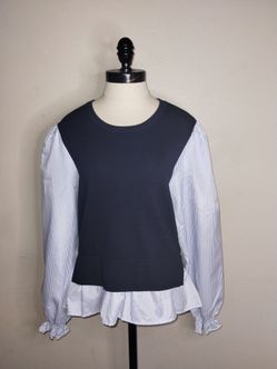 Nanette Lepore Womens Navy Mixed Media Knit Top Pinstripe Peplum Medium EUC