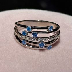 Blue topaz & clear cz  925 Sterling Silver Ring  Size 8