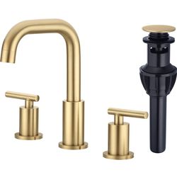 Bathroom Faucet 2 Handle 8 Inch Brass Sink Faucet 3 Hole Widespread with 360 Degree Swivel Spout, cUPC Water Supply Lines and Overflow Pop Up Drain In