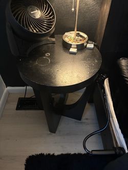 Black Round Side Table with Geometric Base