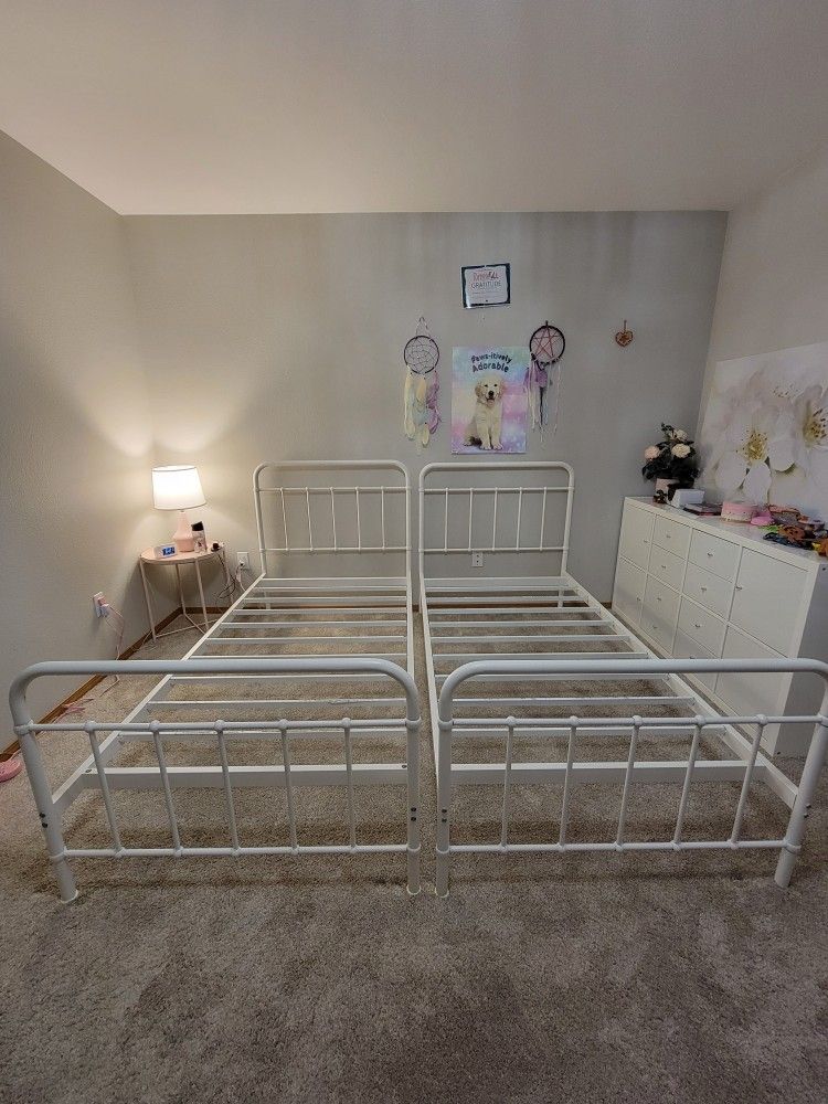 Two (2) Heavy Duty White Metal Platform Twin Bedframes