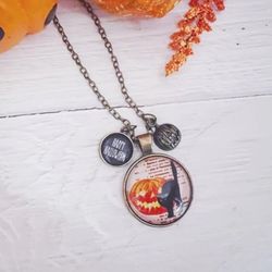 Black cat and jackolantern halloween pendant necklace