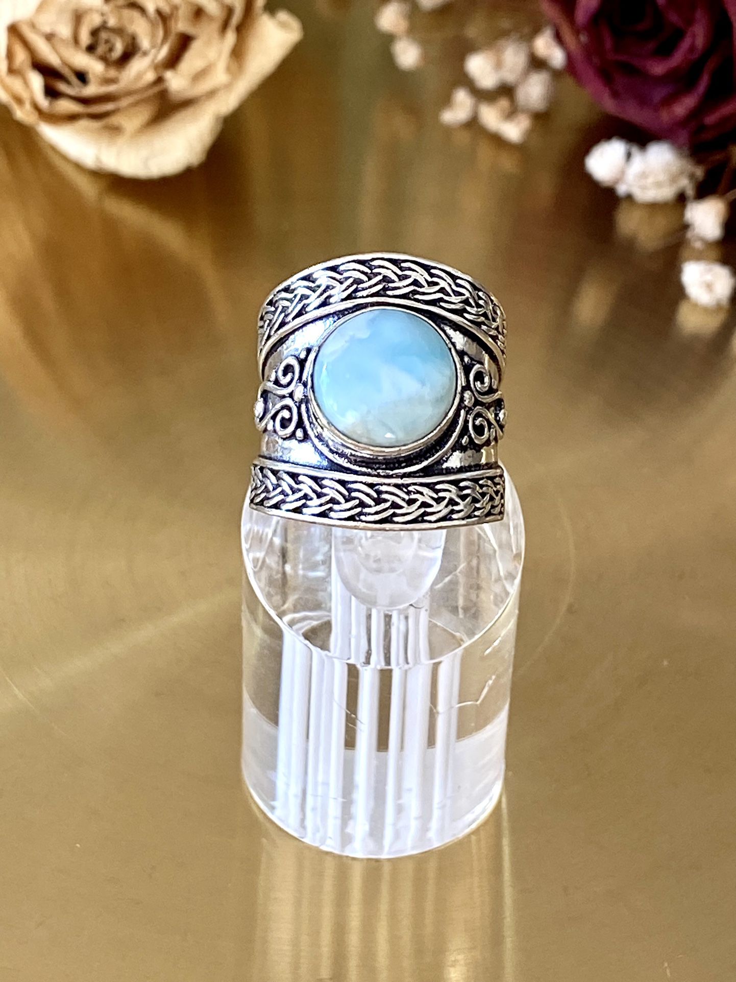 Genuine Larimar 925 Sterling Silver Overay Handcrafted Ring Size 7