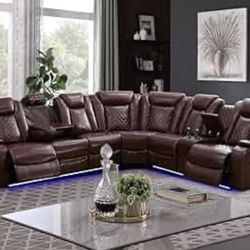 Power Electric Brown Leather Fully Reclining Sectional Couch 