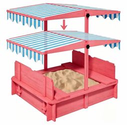 SYESWAY Kids Wooden Sandbox, 43x43 Inch with Adjustable UV Canopy, pink