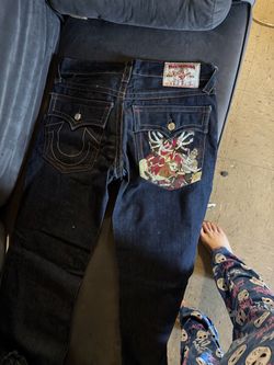 True Religion Dark Wash Jeans with Graphic Pocket