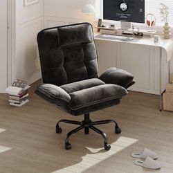 Velvet Adjustable Height Cross-Legged Office Chair in Gray w/ Flip-up Arms, High-Back Executive Chair with Headrest