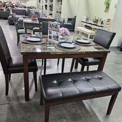 Marble Top Table Set With Bench And 4 Chairs New
