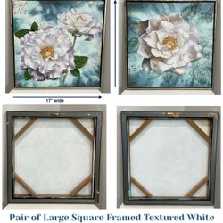 Pair of Large Square Framed Textured White Floral on Blue Background Canvas Prints 
