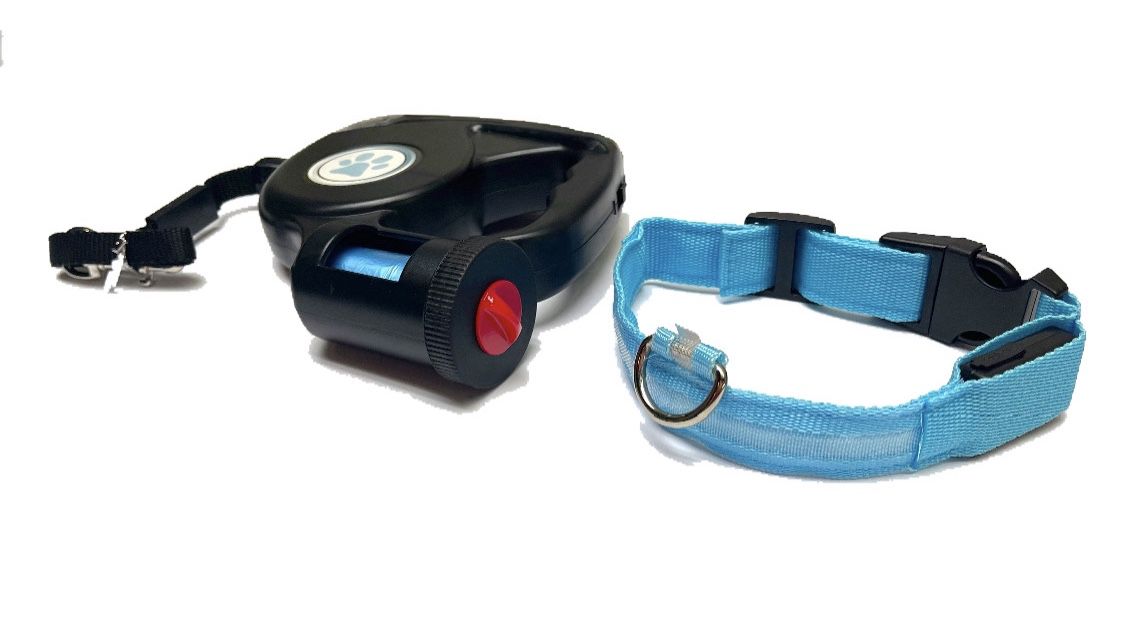 Retractable Dog Leash With Light And Bag Dispenser/w Bags And LED Dog Collar 