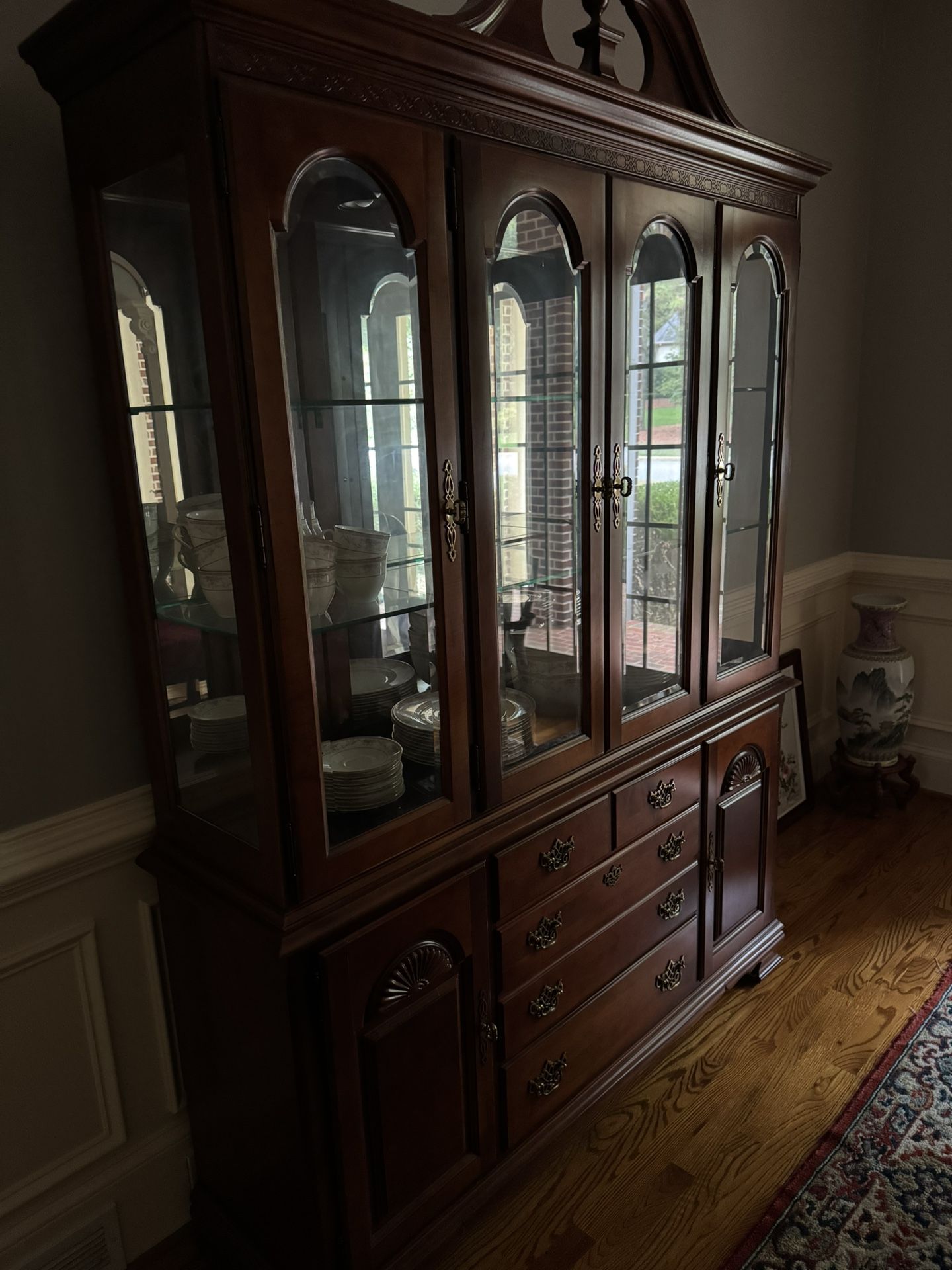 Beautiful Stanley Solid Cherry Wood, China Cabinet With Dimmer Lighting And Adjustable Glass Shelves, And Storage!