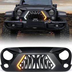 Matte Black Front Grill Grille with Running and Turn Signals Light Compatible with 2007-2018 Jeep Wrangler JK JKU 